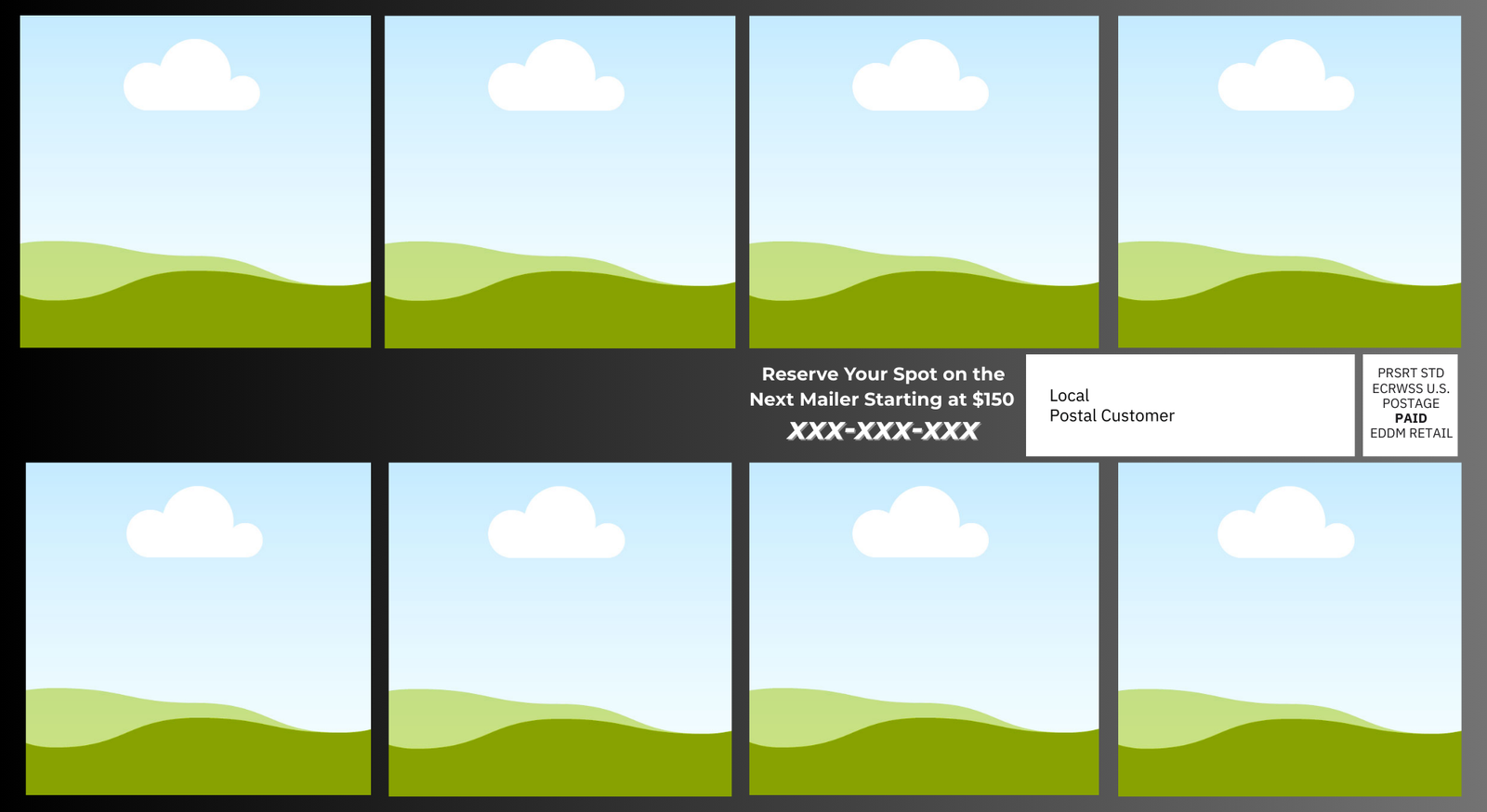 Example community postcard front side showing 8 local business ads